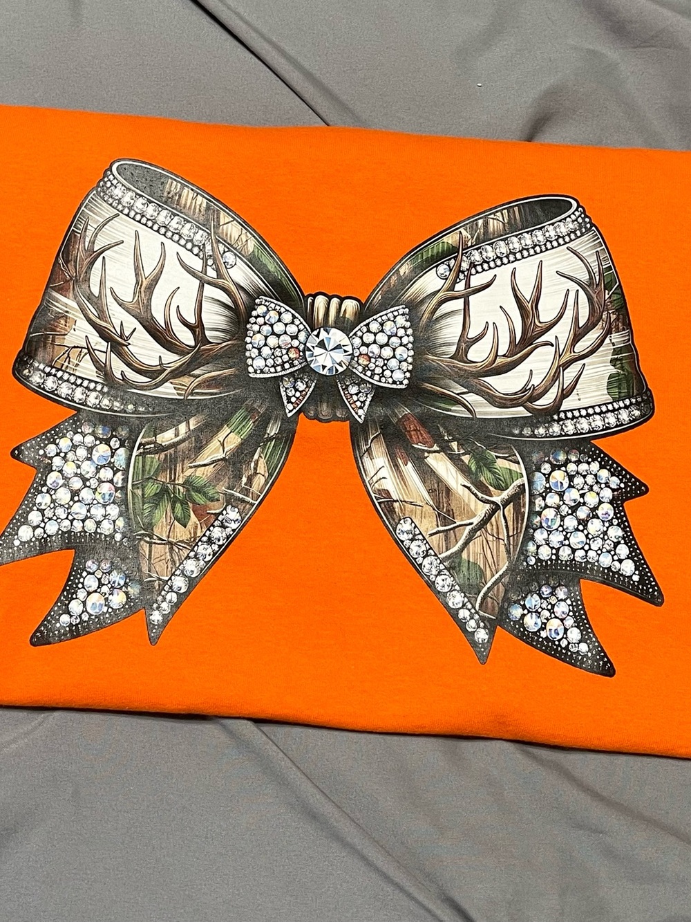Orange Camo Rhinestone Bow Graphic Tee Gildan XL Custom Iron On